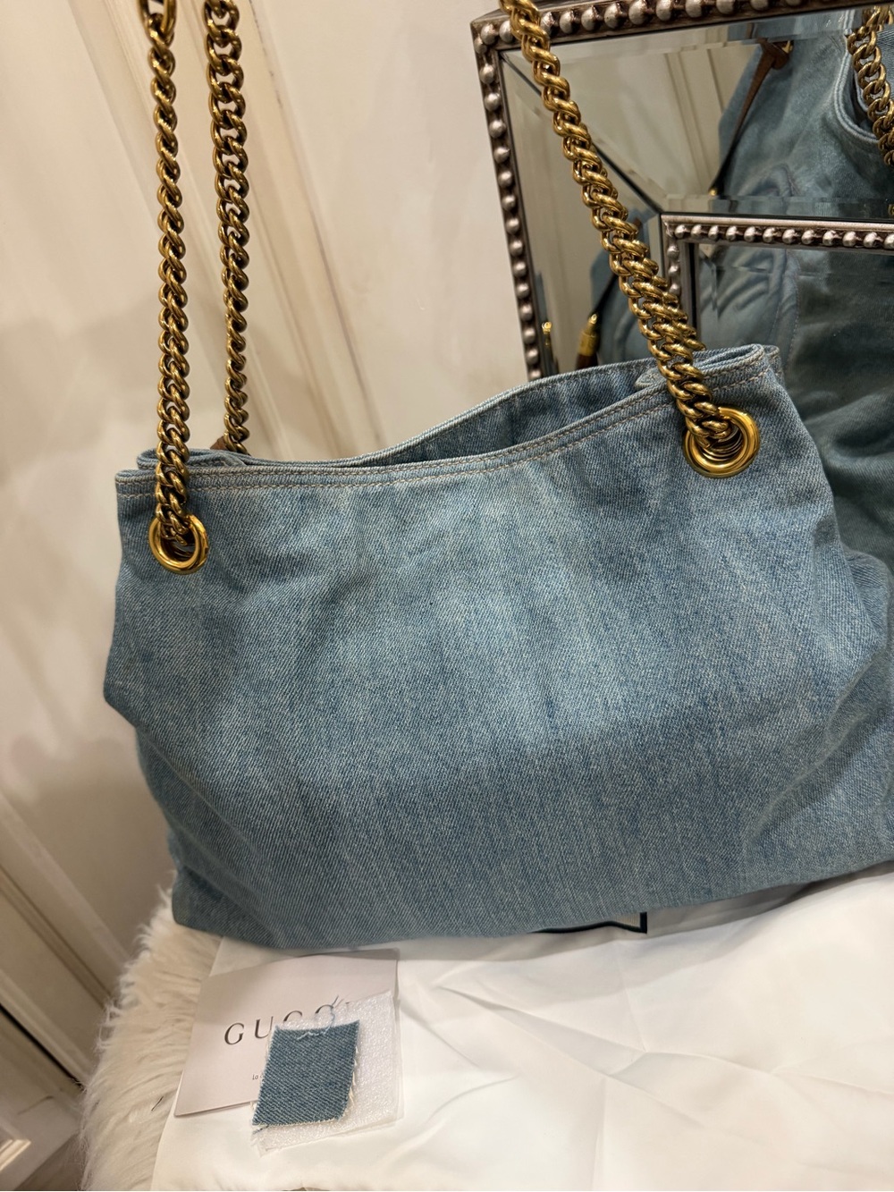 Gucci Light Blue Denim Shoulder Bag with Brown Leather Tassel and Gold Chain - Picture 3 of 7